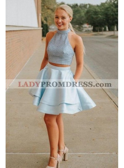 light Blue Two Piece Short Prom Dresses