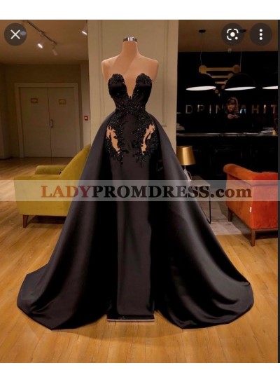 New Arrival Sweetheart Satin Black Sleeveless Long Prom Dresses