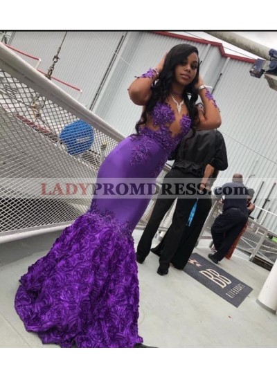 2023 Long Sleeves Mermaid Purple Long Prom Dresses