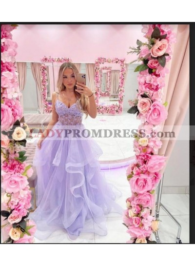 A-line Spaghetti Straps Lilac Long Tulle Prom Dresses