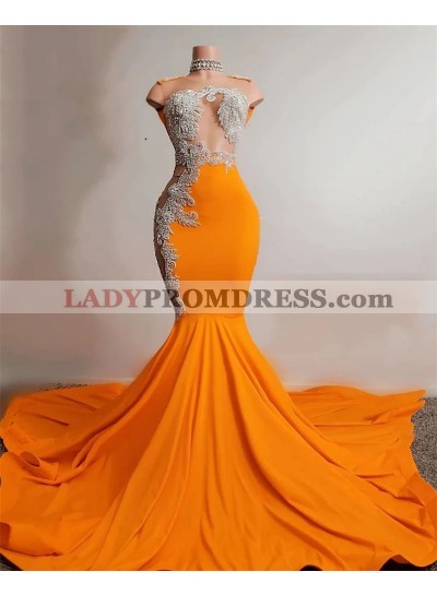 Orange Mermaid Beaded Prom Dresses 2023