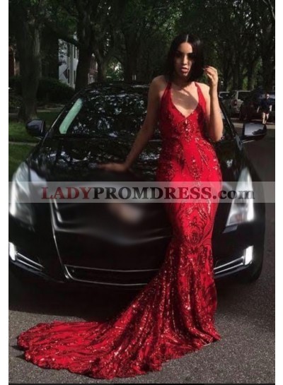 V-neck Sheath Red Lace Sequins Long Prom Dresses