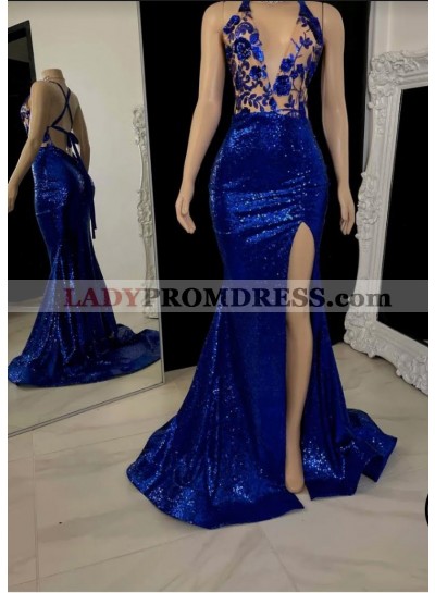2023 Halter Sheath Royal Blue Side Slit Sequence Prom Dresses