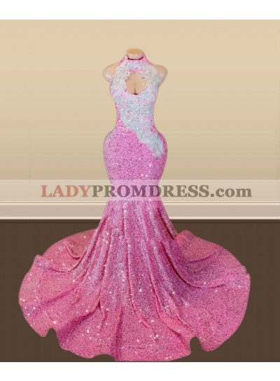 Pink Halter Sequins Long Mermaid Prom Dresses 2023