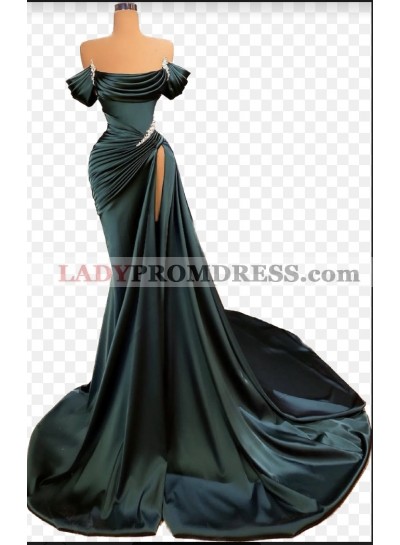 2023 A-line Sheath Off the Shoulder Dark Green Prom Dresses