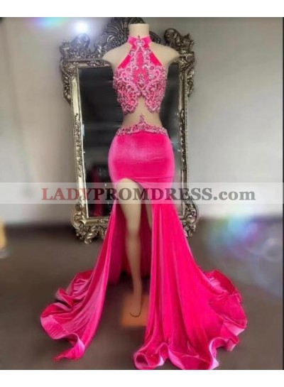 Pink Mermaid High Neck Side Slit Prom Dresses
