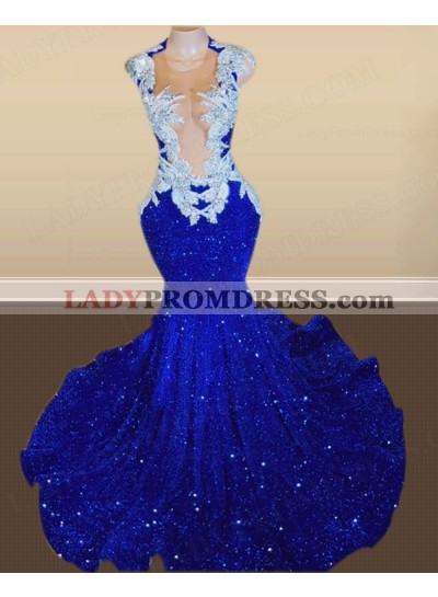 2023 Mermaid V-neck Sequence Sweetheart Royal Blue Prom Dresses