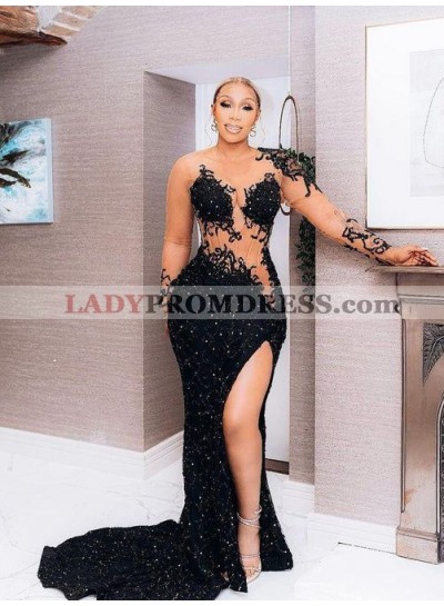 Black Long Sleeves Sheath Sweetheart Lace Long Prom Dresses