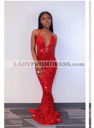 Halter Red Sheath Sequins African American Prom Dresses 2023