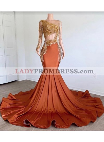 Mermaid Orange Satin One Sleeves Beaded Appliques Long Prom Dresses