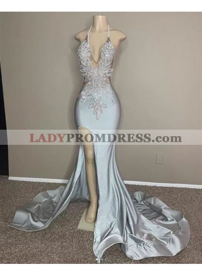 Halter Silver Beaded Long Satin Prom Dresses