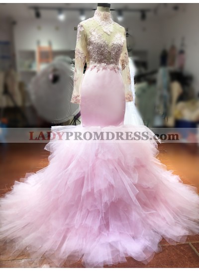 2023 Sheath Tulle Applique High Neck Long Sleeves Sweep Train Prom Dresses