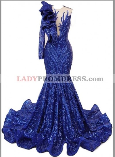 One Shoulder V-neck Royal Blue Sheath Prom Dresses 2023