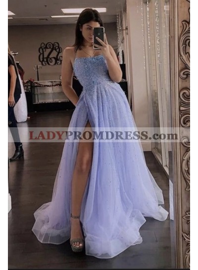 2023 Spaghetti Straps A Line Tulle Beaded Lavender Long Prom Dresses
