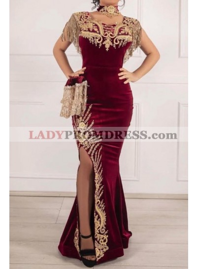 2023 Sheath Burgundy Beaded Prom Dresses