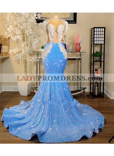 Blue Mermaid Sweetheart Beaded Sequins Long Prom Dresses 2023