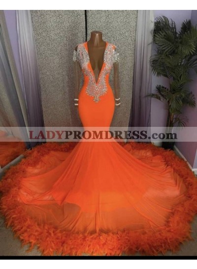 Long Sleeves Orange Deep V-neck Mermaid Prom Dresses 2023