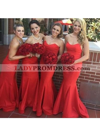 2023 Sexy Mermaid Red Sweetheart Satin Bridesmaid Dresses