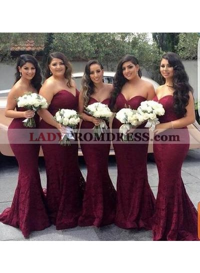Alluring Mermaid Lace Burgundy Sweetheart Bridesmaid Dresses