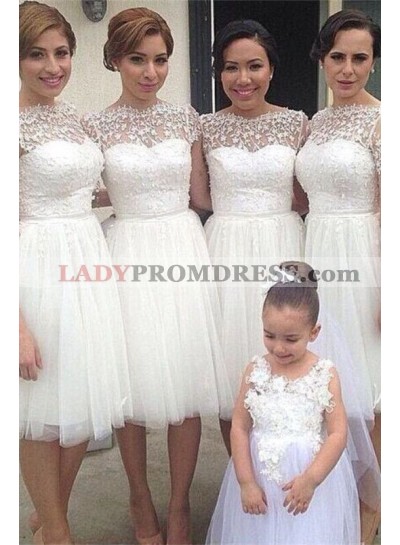 2023 New Arrival A Line Tulle White Short Bridesmaid Dresses / Gowns