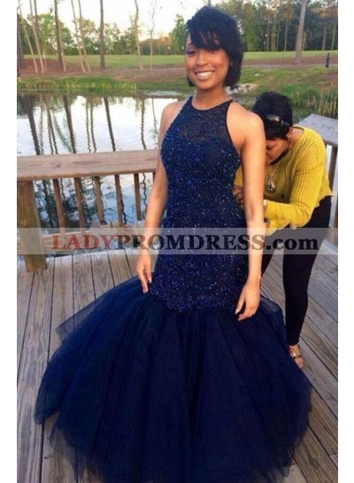 2023 Sweet Mermaid Tulle Beaded Halter Sleeveless Prom Dresses