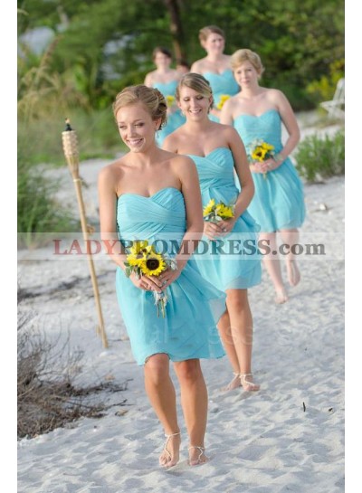 2023 Cheap A Line Chiffon Blue Ruffles Sweetheart Short Bridesmaid Dresses / Gowns