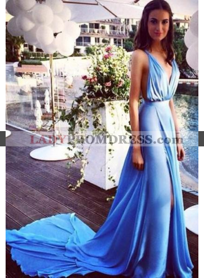 LadyPromDress 2023 Blue Front-Slit Spaghetti Straps Chiffon Prom Dresses
