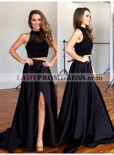 LadyPromDress 2023 Black Beading Top A-Line/Princess Split Satin Two Pieces Prom Dresses