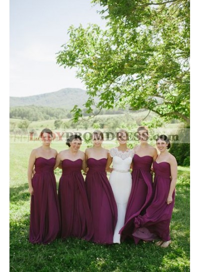 2023 Cheap A Line Burgundy Chiffon Long Ruffles Strapless Bridesmaid Dresses / Gowns