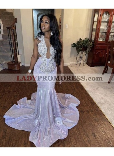 Deep V-Neck Lavender Sweep Train Appliques Sequined Long Mermaid Prom Dresses