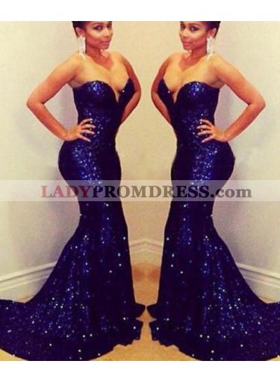 LadyPromDress 2023 Blue Floor-Length/Long Sweetheart Mermaid/Trumpet Sequined Prom Dresses