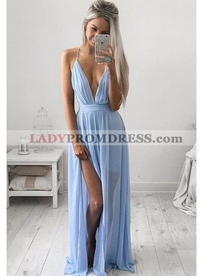 LadyPromDress 2022 Blue Prom Dresses Floor-Length/Long A-Line/Princess Spaghetti Straps Chiffon