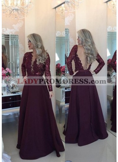 Burgundy Prom Dresses Floor-Length/Long A-Line/Princess V-Neck Lace Spliced  Satin