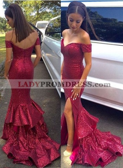 Burgundy Floor-Length/Long Mermaid/Trumpet Off-the-Shoulder Sequined Prom Dresses