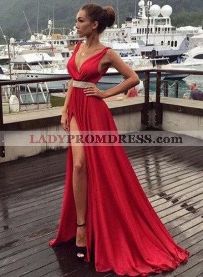 2023 Gorgeous Red Floor-Length/Long V-Neck Split Front Beading Chiffon Prom Dresses