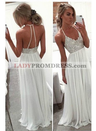 2023 Unique White Column/Sheath Spaghetti Straps Sleeveless Natural Backless Floor-Length/Long Chiffon Prom Dresses