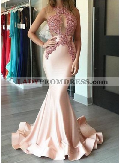Mermaid/Trumpet Jewel Sleeveless Natural Backless Stretch Satin Prom Dresses