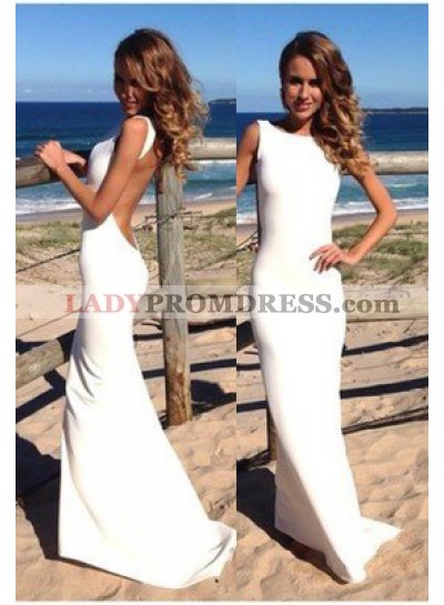 2023 Unique White Backless Sweep Train Column/Sheath Satin Prom Dresses