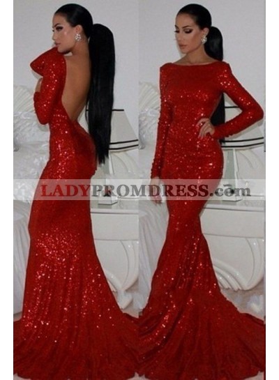 2023 Gorgeous Red Long Sleeve Backless Mermaid/Trumpet Sequined Prom Dresses