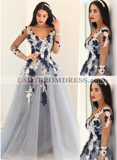 LadyPromDress 2023 Light Sky Blue Sheer Sleeves Appliques A-Line/Princess Tulle Prom Dresses
