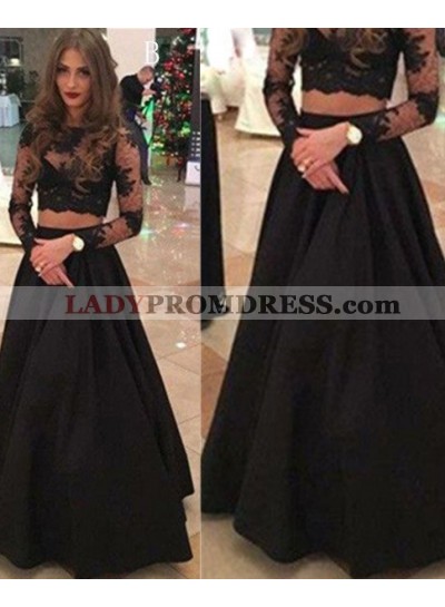 2023 Junoesque Black Long Sleeve A-Line/Princess Lace Two Pieces Prom Dresses