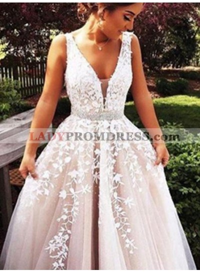 2023 Unique White A-Line/Princess V-Neck Sleeveless  Floor-Length/Long Tulle Prom Dresses
