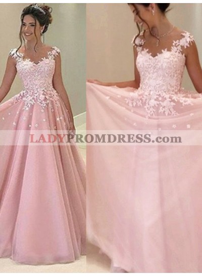 2023 Glamorous Pink Appliques V-Neck A-Line/Princess Tulle Prom Dresses
