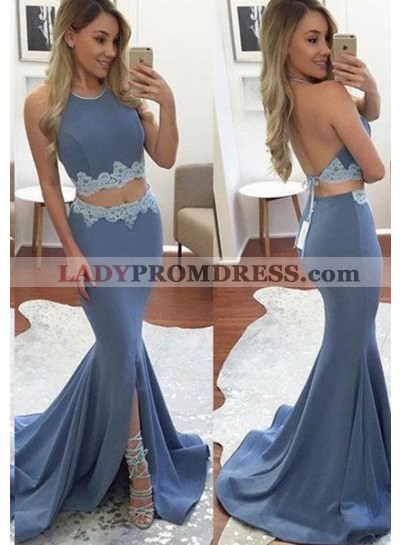 LadyPromDress 2023 Blue Appliques Mermaid/Trumpet Stretch Satin Two Pieces Prom Dresses