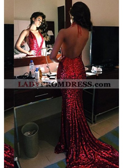 Sexy 2023 Gorgeous Red Sequins Backless Mermaid/Trumpet Prom Dresses