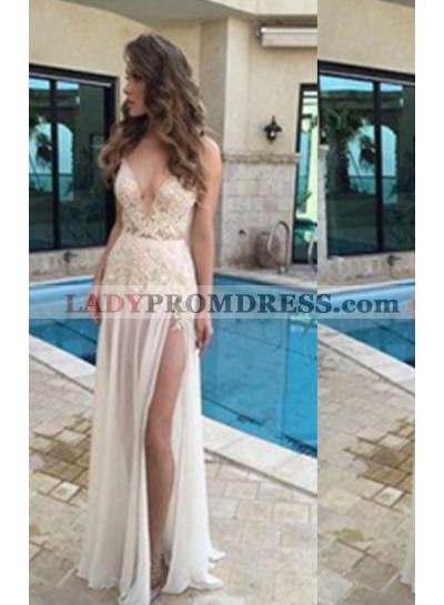 A-Line/Princess 2023 Unique Ivory V-Neck Sleeveless Natural Backless Floor-Length/Long Chiffon Prom Dresses