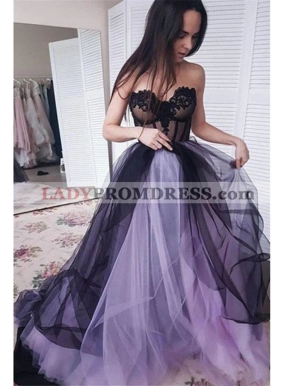 Sweetheart Neck A Line Black Tulle Lavender Prom Dresses