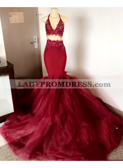 2023 Burgundy Halter Mermaid Prom Dresses