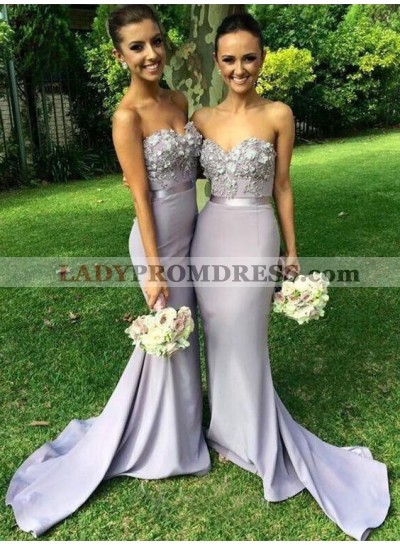 2023 Newly Silver Mermaid Satin Sweetheart With Appliques Long Train Bridesmaid Dresses / Gowns