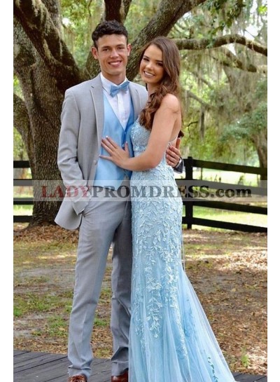 2023 Light Sky Blue Halter Backless Tulle With Appliques Long Prom Dresses